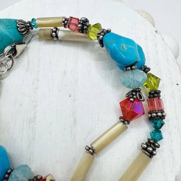 Turquoise Chunk Faceted Colorful Glass Sterling Silver Beaded Necklace Bohemian - Picture 3 of 11